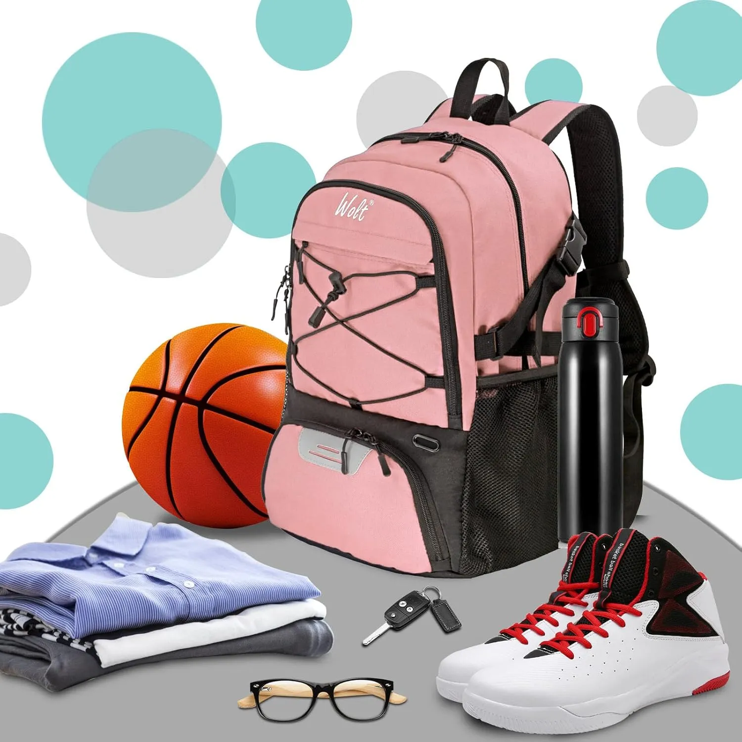 WOLT Basketball Backpack Large Sports Bag with Separate Ball Holder & Shoes Compartment, Best for Basketball, Soccer,Gym