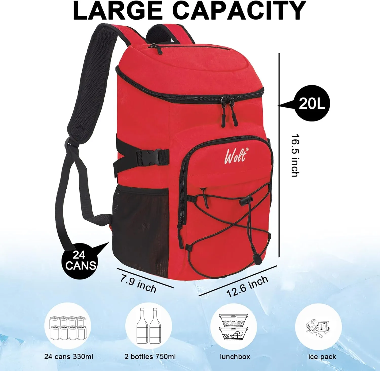 WOLT Cooler Backpack,24 Cans Insulated Backpack Cooler Leakproof,Lightweight Soft Cooler Bag,Camping Cooler,Large Capacity Beach Cooler,Waterproof Travel Cooler Lunch Backpack for Hiking
