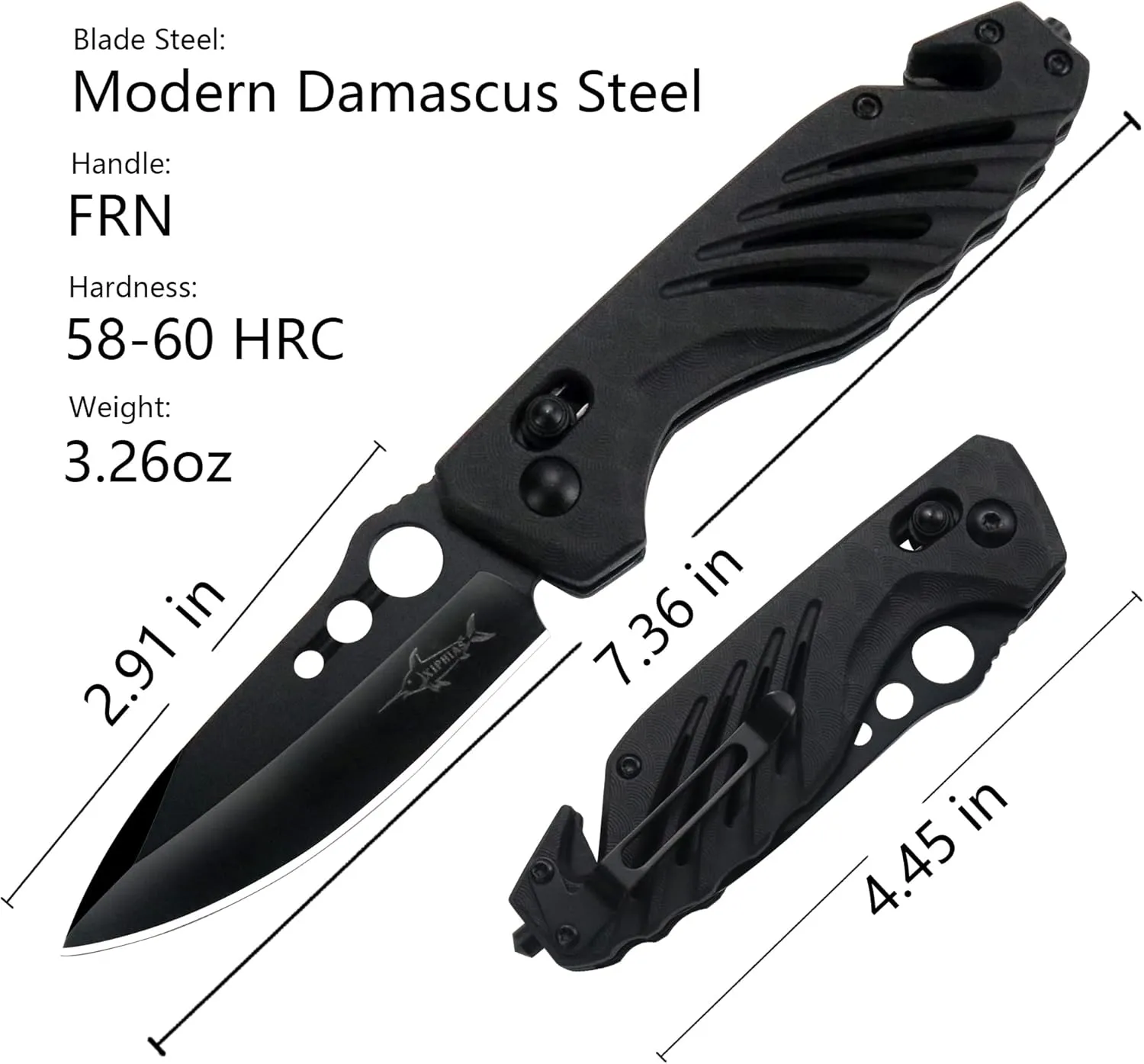 XIPHIAS 4.25" Axis Lock Folding Knife - Stainless Steel Blade, Glass Breaker/Seat Belt Cutter, Multitool for Camping, Hiking, Hunting - FK045-BC