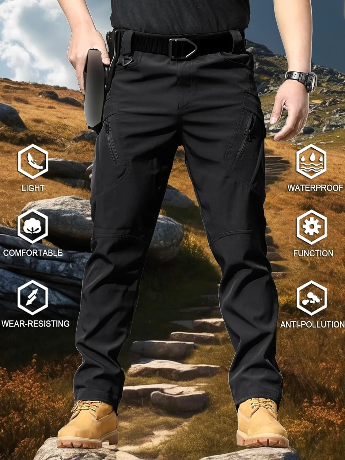 YAXHWIV Men's Hiking Cargo Pants Water Resistant Lightweight Tactical Outdoor Work Pants with Pockets(No Belt)