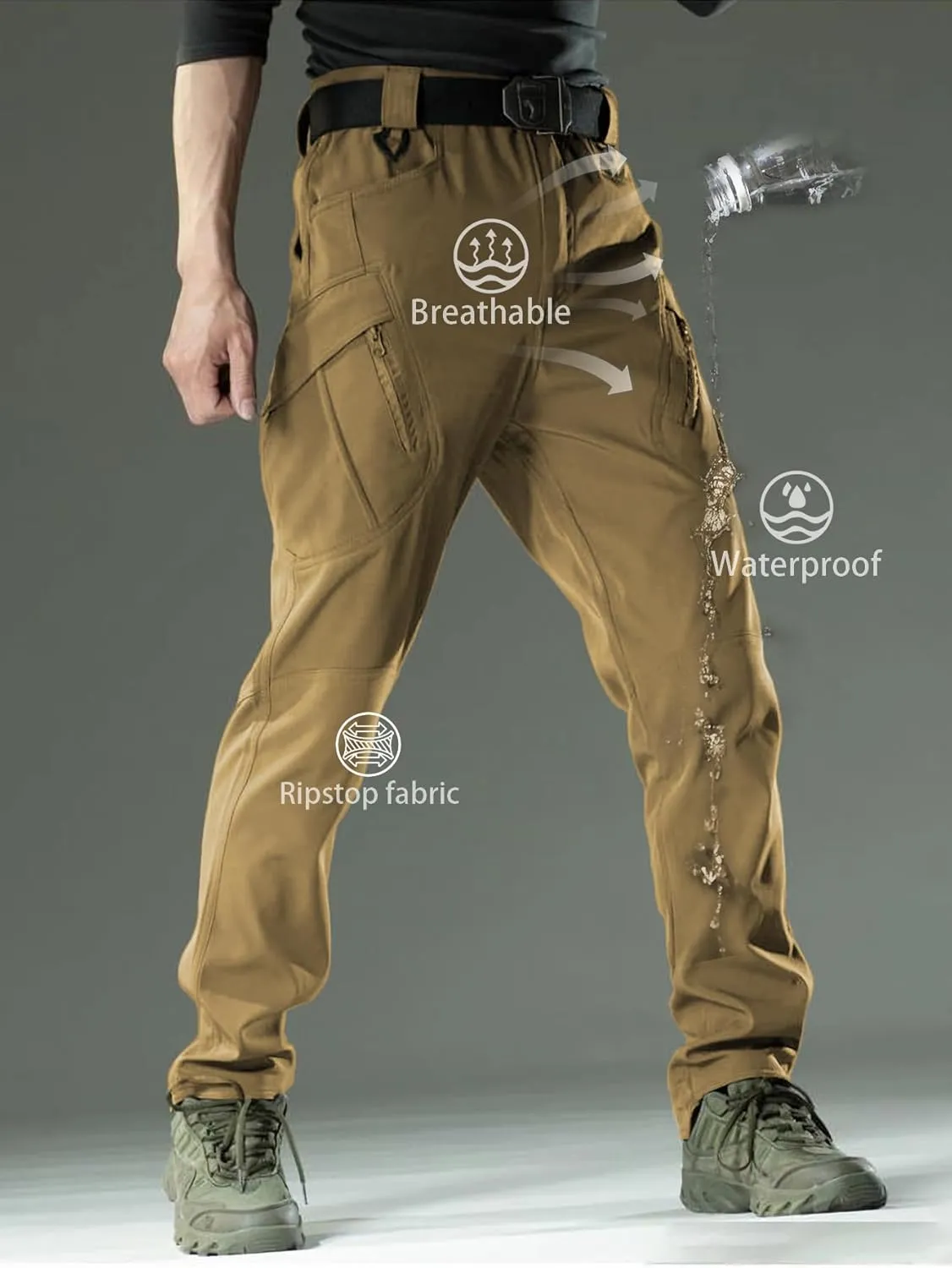 YAXHWIV Men's Hiking Cargo Pants Water Resistant Lightweight Tactical Outdoor Work Pants with Pockets(No Belt)