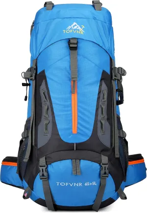 YFREAL 60L Travel Hiking Camping Backpack with Rain Cover and 2 Carebiners,Backpack Water Resistant,Climbing Backpack for Men Women (LIGHT BLUE)