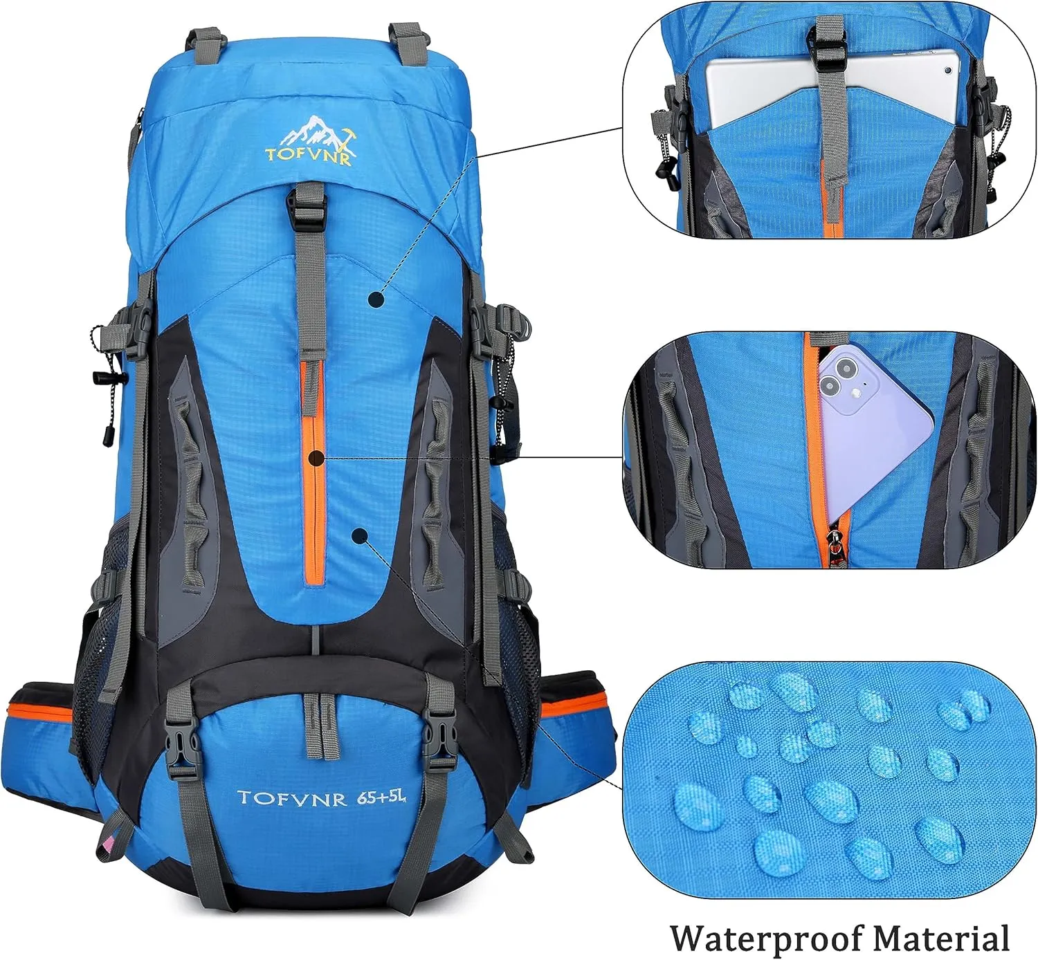 YFREAL 60L Travel Hiking Camping Backpack with Rain Cover and 2 Carebiners,Backpack Water Resistant,Climbing Backpack for Men Women (LIGHT BLUE)