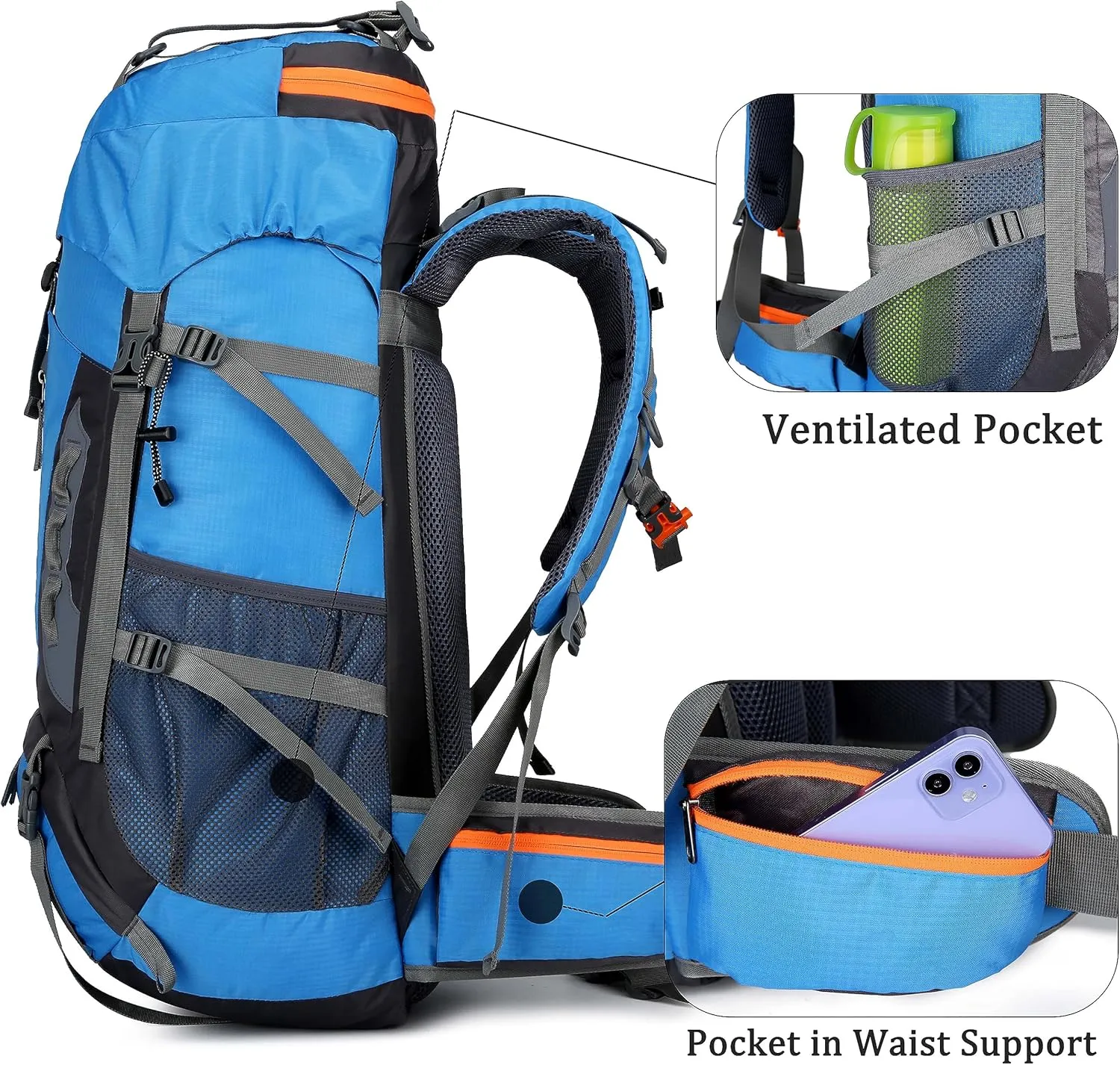 YFREAL 60L Travel Hiking Camping Backpack with Rain Cover and 2 Carebiners,Backpack Water Resistant,Climbing Backpack for Men Women (LIGHT BLUE)