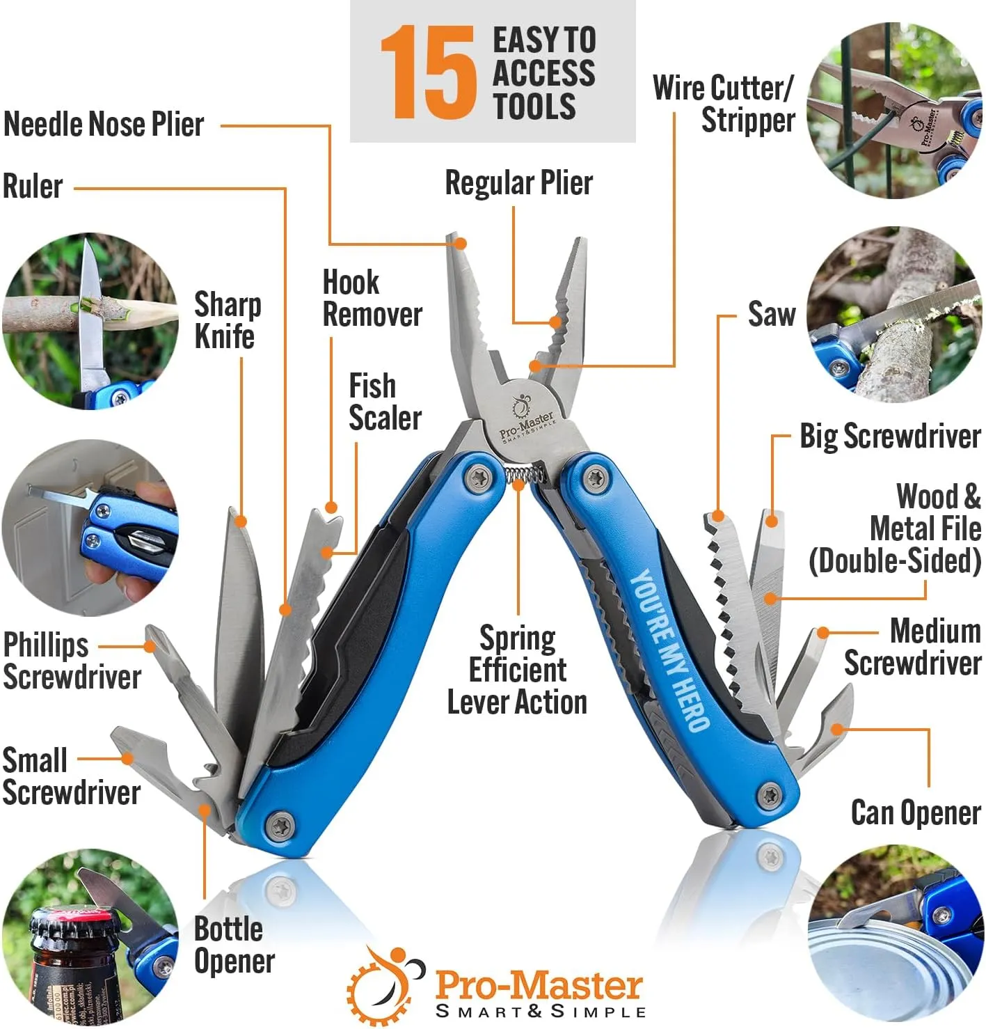 YOU ARE MY HERO Multitool 15-in-1 | Fathers Day Gift for Dad Husband Grandpa | Engraved Multi Tool with Safety-Locking for EDC & Outdoors | Great Gift from Daughter Son Wife | Unique Gadget for Men