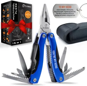 YOU ARE MY HERO Multitool 15-in-1 | Fathers Day Gift for Dad Husband Grandpa | Engraved Multi Tool with Safety-Locking for EDC & Outdoors | Great Gift from Daughter Son Wife | Unique Gadget for Men