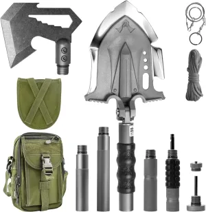 Zune Lotoo Survival Shovel Multitool with Axe, 29 in 1 Unbreakable Tactical Shovel Martensitic Steel kit, Compact Camping Shovel Folding Adjustable 7 Angles for Outdoors Gear Military Tool Gifts